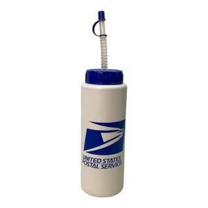 Vintage USPS Water Bottle With‎ Flex Straw & Cap Lid White & Blue Plastic